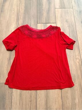 Women's Red Short Sleeve Top with Crochet Yoke